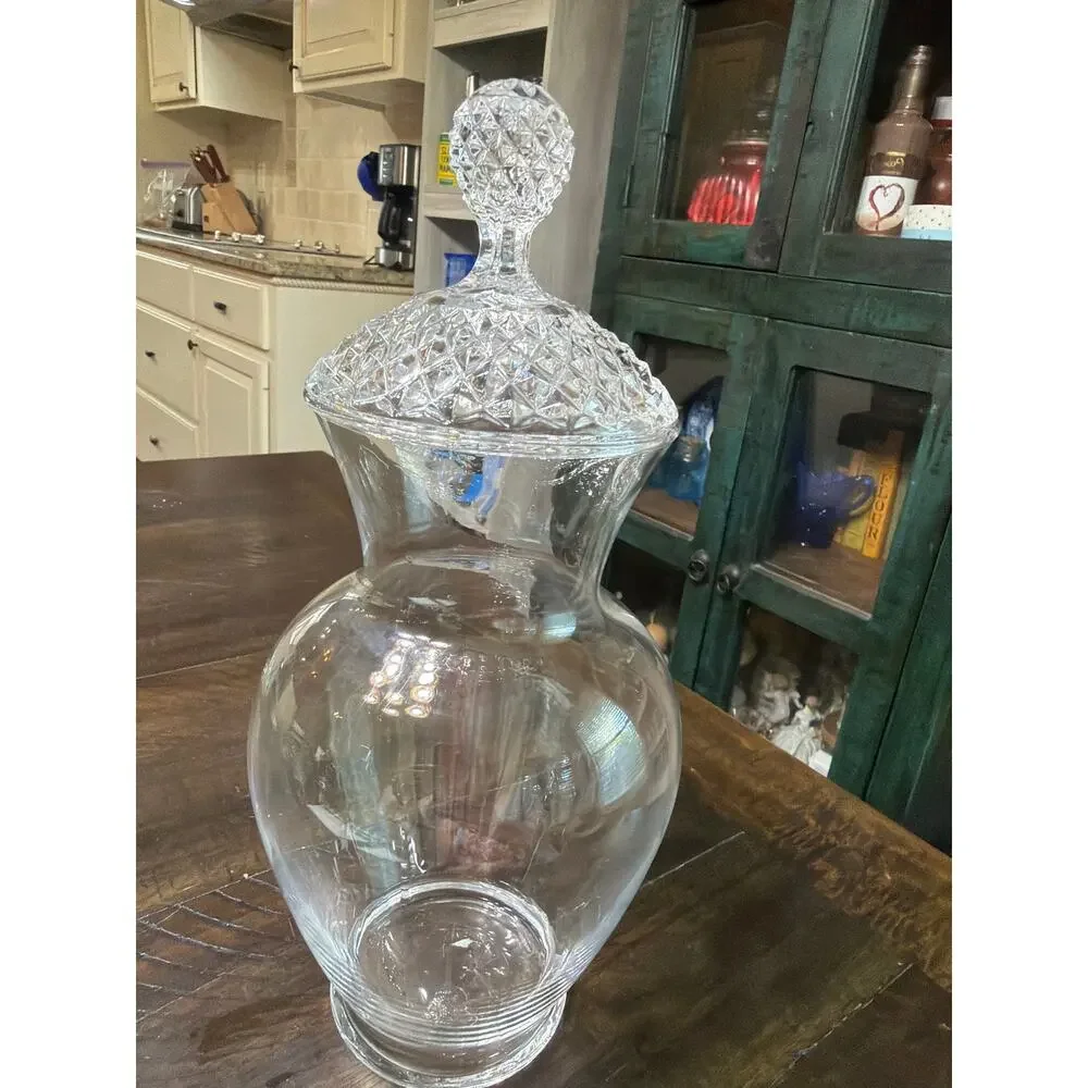 Vintage Clear Crystal Glass Large Covered Jar Diamond Point Lid Ball Finial